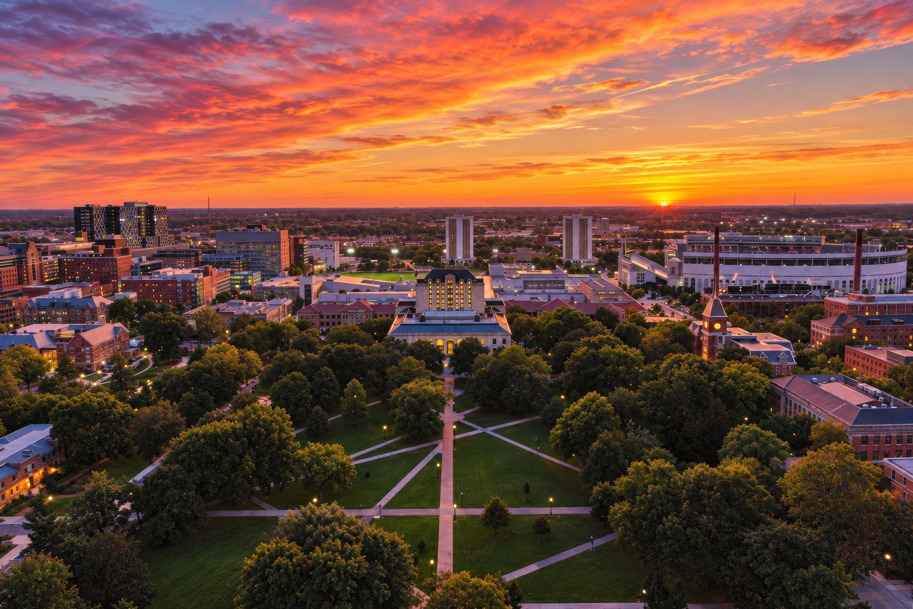 Aerial photo of Ohio State's campus at sunset: the Oval, Thompson Library, Orton Hall, and Ohio Stadium